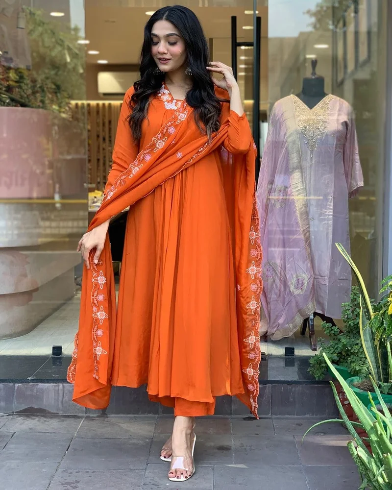 GoSriKi  GoSriKi Women's Rayon Blend Anarkali Thread Work Kurta with Pant & Dupatta (ASHVTHAMA Orange-GS_3XL_Orange_XXX-Large) for Women | Best Price UAE